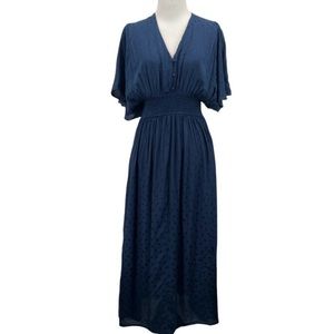 Anthropologie Seen Worn Kept Cyrena Maxi Dress 8P Navy Blue Polka Dot Smocked